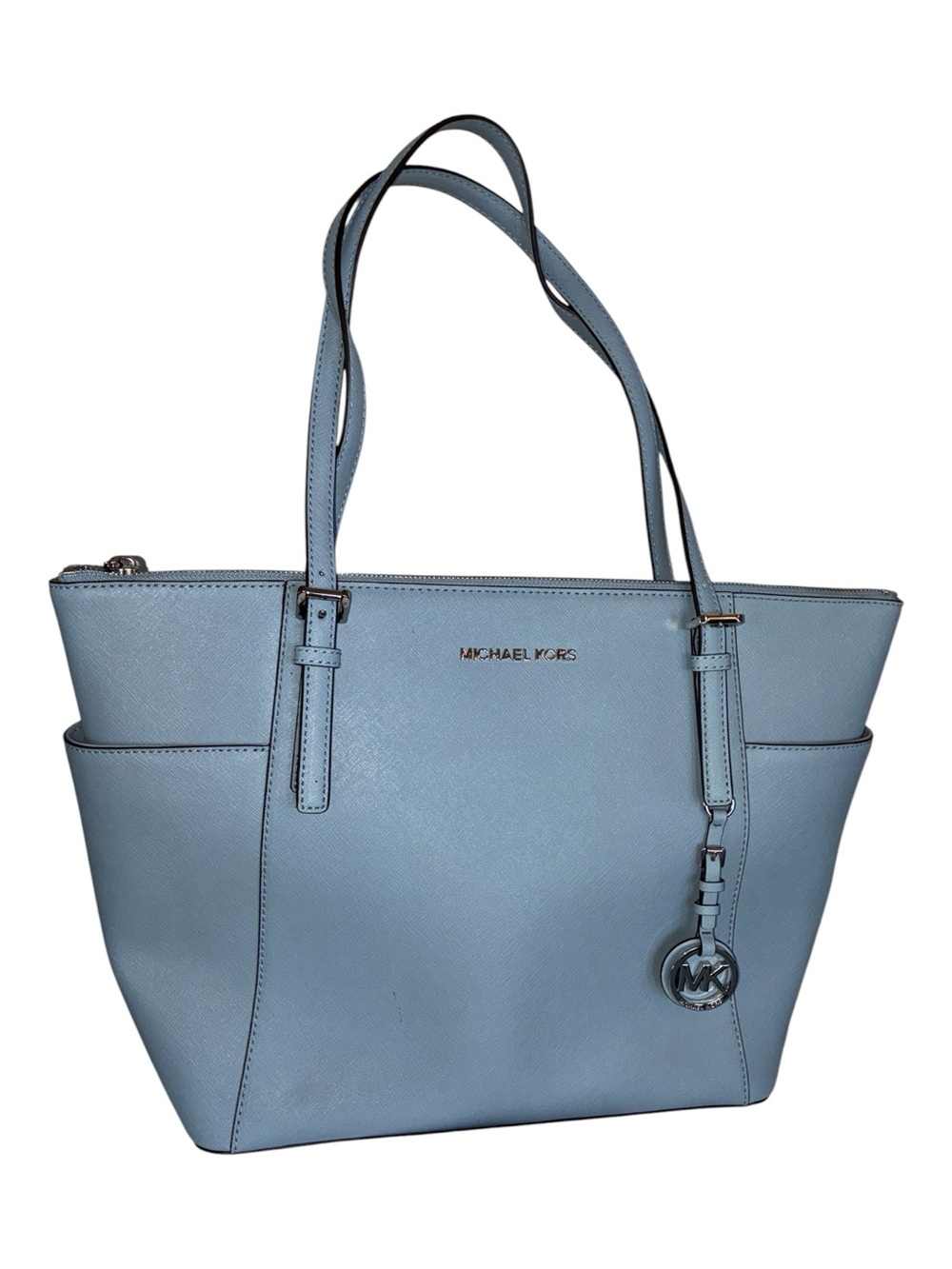 Michael Kors Powder Blue Saffiano Carry All Leather Tote, MK Charm, dust bag euc